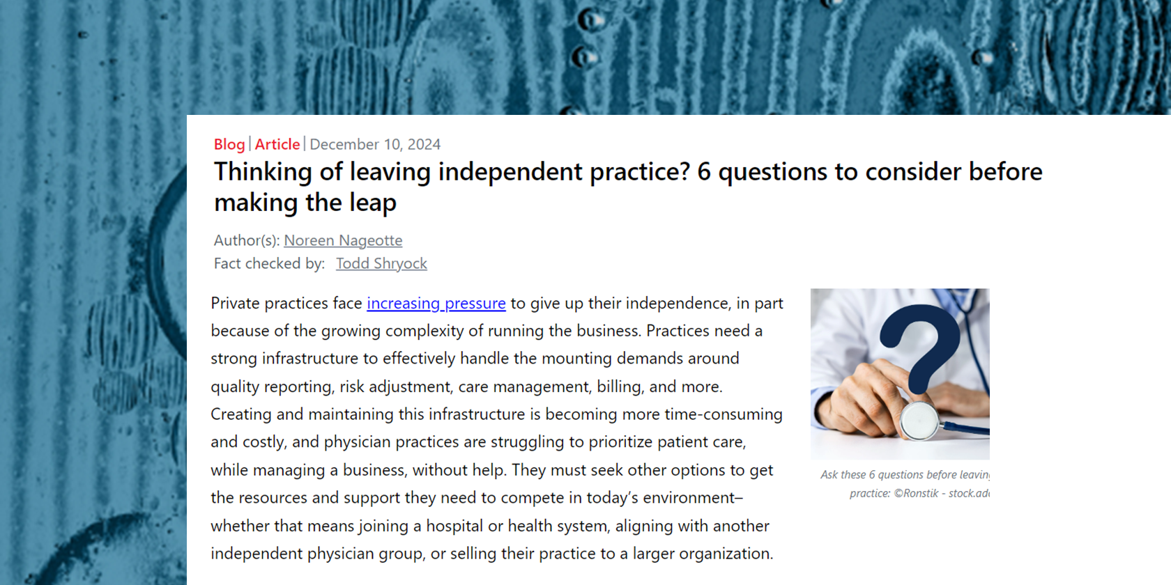Thinking of Leaving Independent Practice article